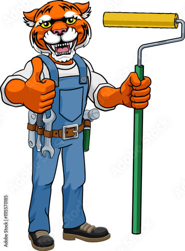 A tiger painter decorator handyman cartoon construction man mascot character holding a paint roller tool