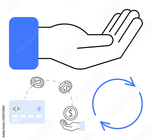 Open hand with blue sleeve, coins, credit card, and blue circular arrows. Ideal for financial transactions, banking, online payments, cash flow, savings management economic cycles wealth