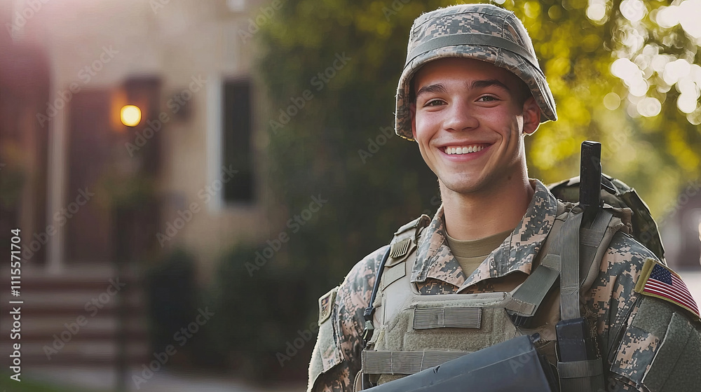 Fototapeta premium Smiling soldier in uniform standing outdoors on a sunny day