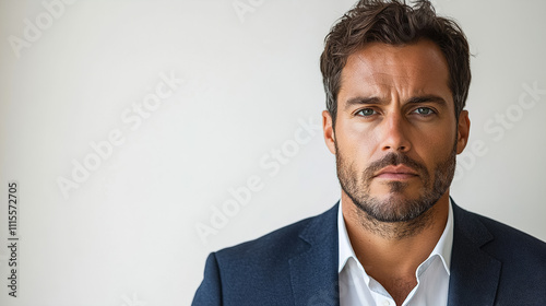 Confident man in suit poses against neutral background, showcasing professionalism and style during corporate event. Generative AI photo