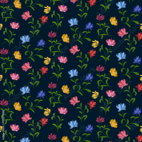Multi-colored stylized flowers in a pattern.Vector seamless pattern with colorful flowers on a blue background.