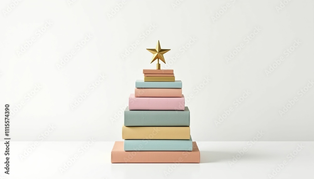 A creative stack of books arranged in the shape of a Christmas tree, topped with a star. The scene is captured in soft, light tones, creating a warm and festive atmosphere. Ideal for holiday-themed de A creative stack of books arranged in the shape of a Christmas tree, topped with a star. The scene is captured in soft, light tones, creating a warm and festive atmosphere. Ideal for holiday-themed de