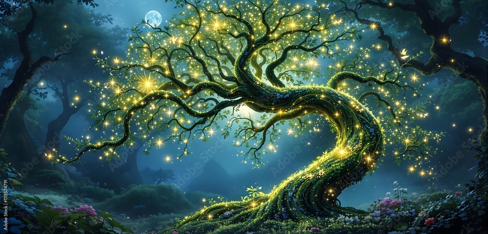Obraz premium Magical Tree at Night: Glowing tree with sparkling stars and fireflies in an enchanted forest under moon.