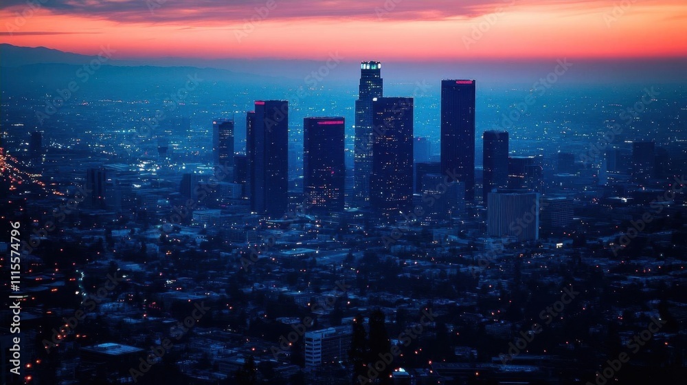 Fototapeta premium City skyline at dusk with illuminated buildings and vibrant sky.
