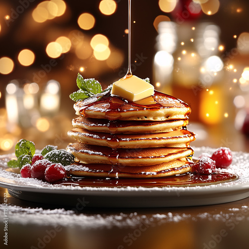 Steaming hot pancakes with butter, berries and maple syrup for breakfast photo