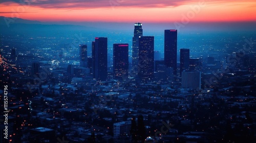 City skyline at dusk with illuminated buildings and vibrant sky.