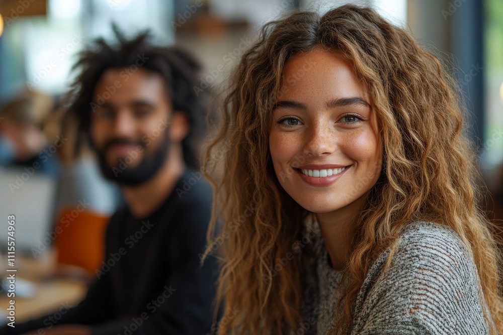 Fototapeta premium Two colleagues in a modern office exchanging smiles. Generative AI