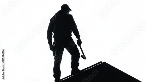 Roofer silhouette on roof, isolated on white background, holding hammer tool design for roofing photo