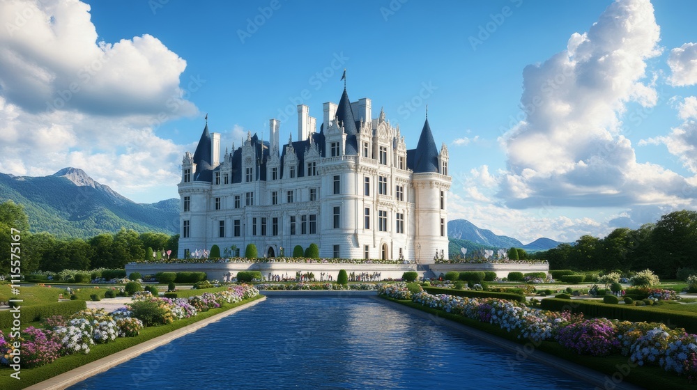 Obraz premium A European castle hosting an elegant Easter event, with hand-painted egg displays, tourists dressed in spring outfits, and gardens in full bloom 