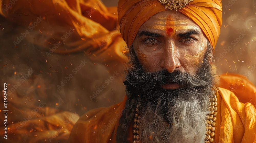 Fototapeta premium Close-up portrait of a serious-looking man with a long gray beard, wearing a vibrant orange turban and traditional clothing, set against a smoky, fiery background.
