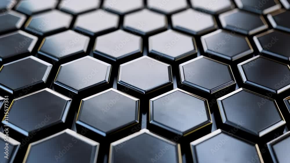 Shiny black hexagonal tiles create a modern abstract pattern, perfect for design and technology themes