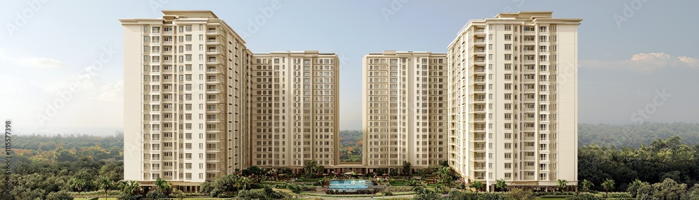Modern Residential Complex with High-Rise Apartments Surrounded by Lush Greenery and Scenic Views