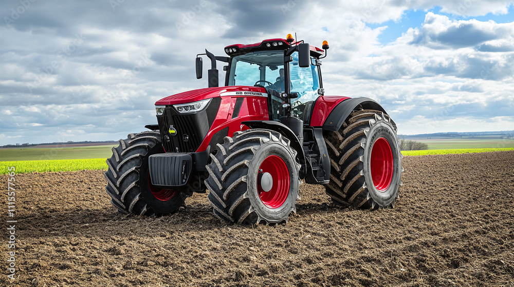Fototapeta premium Red tractor stands on plowed field