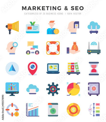 Marketing & Seo Icons bundle. Flat style Icons. Vector illustration.