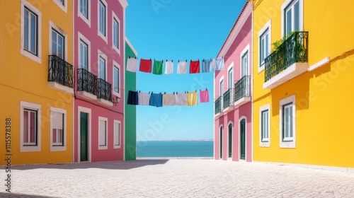 A green screen banner mockup standing in Lisbon’s Alfama district, with colorful tiled buildings, laundry lines, and the Tagus River in the background 