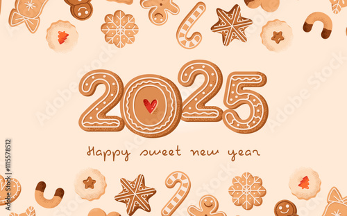 A festive flat vector illustration of gingerbread cookies and holiday decorations. Perfect for Christmas banners, social media headers, and promotional materials. 