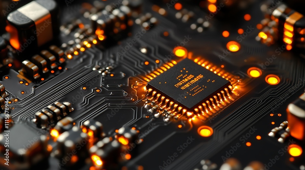 Close-up of illuminated CPU on circuit board. Close-up of illuminated CPU on circuit board.