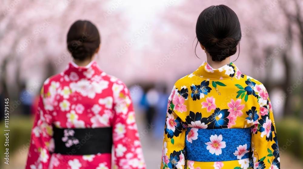 Obraz premium A lively spring festival in Japan featuring cherry blossoms in full bloom, colorful kimonos, and travelers enjoying traditional food stalls 