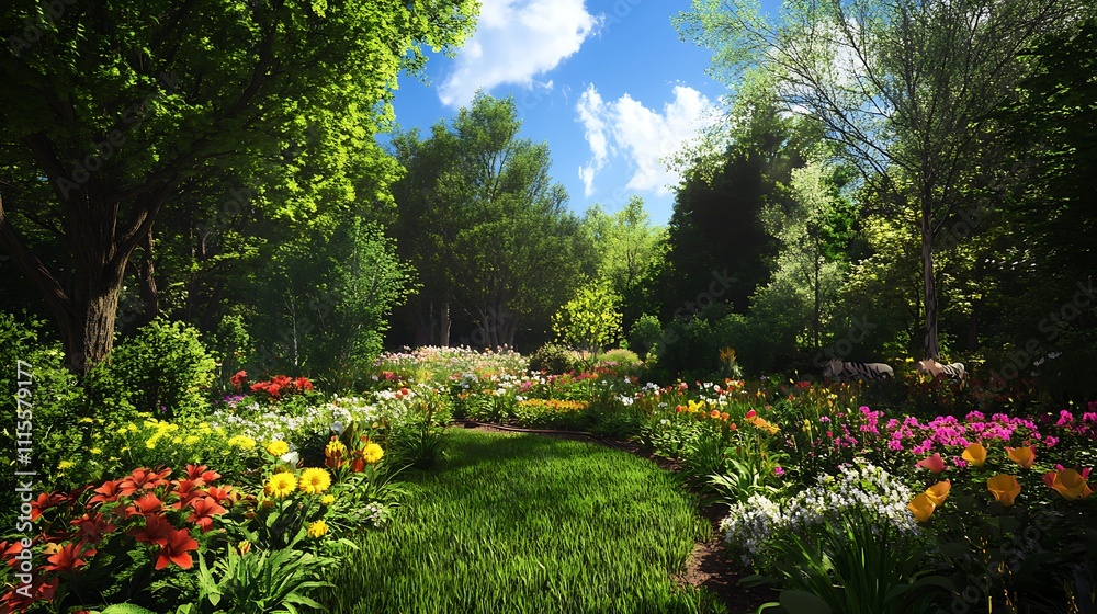 Obraz premium A vibrant garden scene filled with colorful flowers and lush greenery under a blue sky.