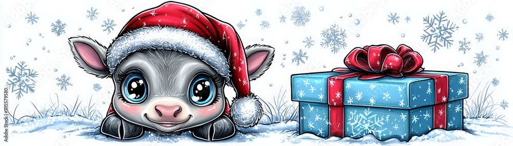 Fototapeta premium Cute Cartoon Cow Wearing Christmas Hat with Gift Box and Snowflakes in a Winter Wonderland Scene