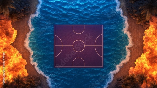 A Maui Invitational bracket displayed digitally over a court graphic, with a fiery basketball and waves swirling around the team names  photo