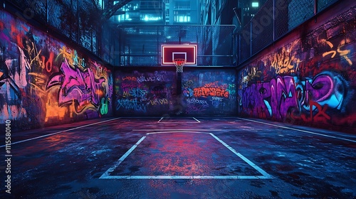 A vibrant urban basketball court adorned with colorful graffiti under neon lighting.