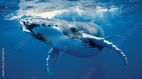 While swimming in blue water a baby humpback whale plays