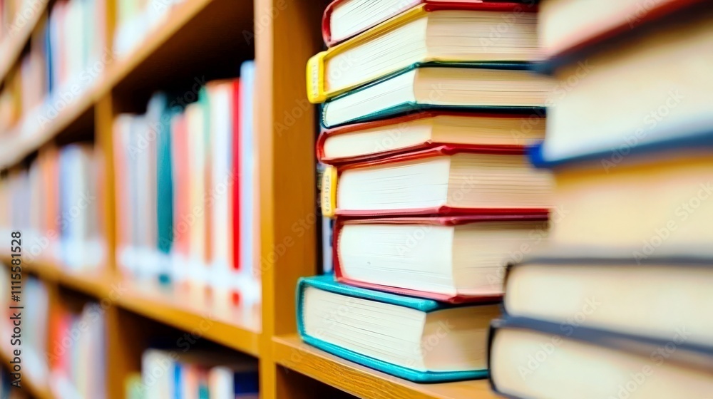 Vibrant Close-Up of Stacked Colorful Books on Wooden Bookshelf in a Cozy Library Setting Vibrant Close-Up of Stacked Colorful Books on Wooden Bookshelf in a Cozy Library Setting