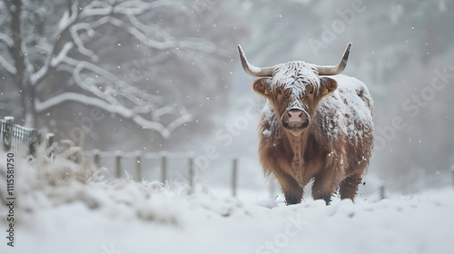 Wintertime portrait of a scottish highland cow cattle in the snow
