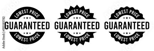 Lowest price guarantee logo, label, badge, icon, sticker, symbol, emblem, stamp, circle, black, line, flat vector, isolated illustration. Lowest price guarantee label for product packaging design.