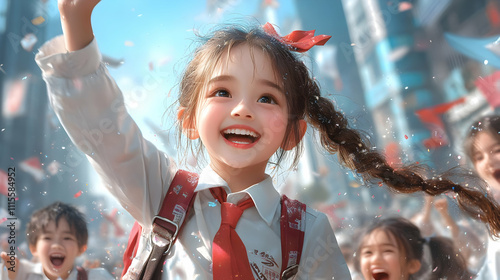 A front cover of an AI book. A young Chinese girl wearing a school uniform and red necktie is smiling while raising her hand in the air, with other students cheering around her photo