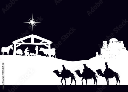 A Christmas nativity scene with baby Jesus in the manger, wise men and city of Bethlehem in the background