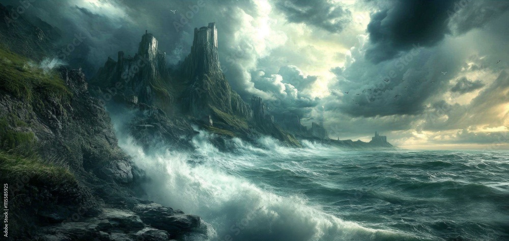Fototapeta premium Majestic Sea Cliffs with Dramatic Waves Under a Stormy Sky