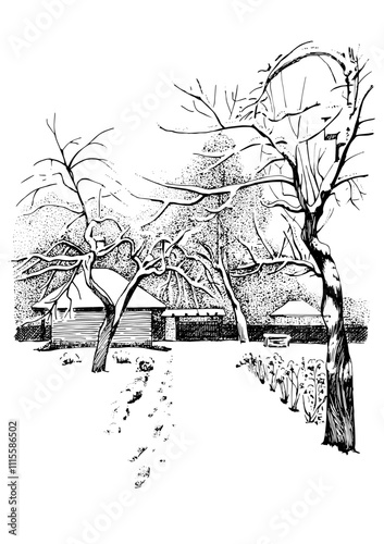 Winter landscape. Countryside landscape panorama. Line sketch converted to vector drawing.
