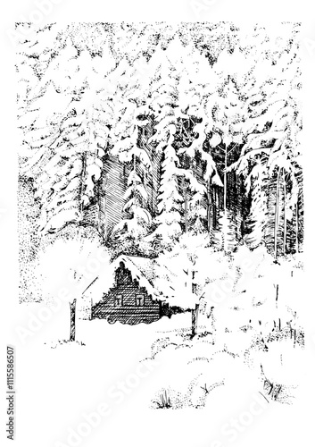 Winter landscape. Countryside landscape panorama. Line sketch converted to vector drawing.
