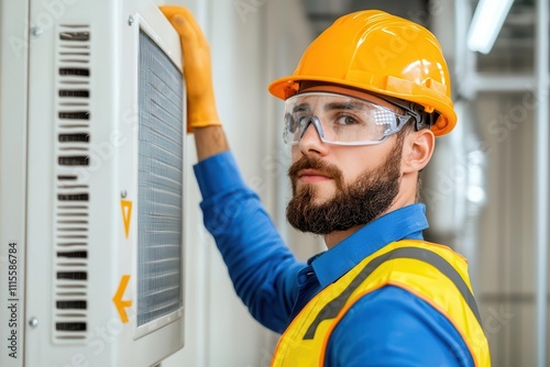 furnace filter concept. Technician demonstrating filter airflow direction using labeled arrows, furnace filter orientation, precision HVAC installation