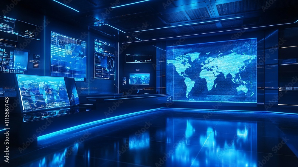 Obraz premium High-tech control room with screens displaying maps and data.