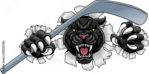 Black panther leopard or jaguar cat hockey sports team mascot holding an ice hockey stick