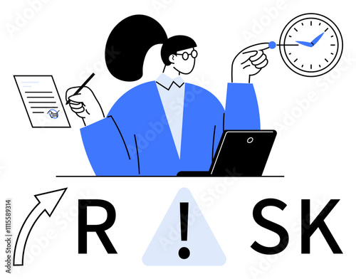 Businesswoman holding a pen and document while pointing at a clock, with a laptop and risk text below. Ideal for risk management, time management, decision making, business strategy, financial