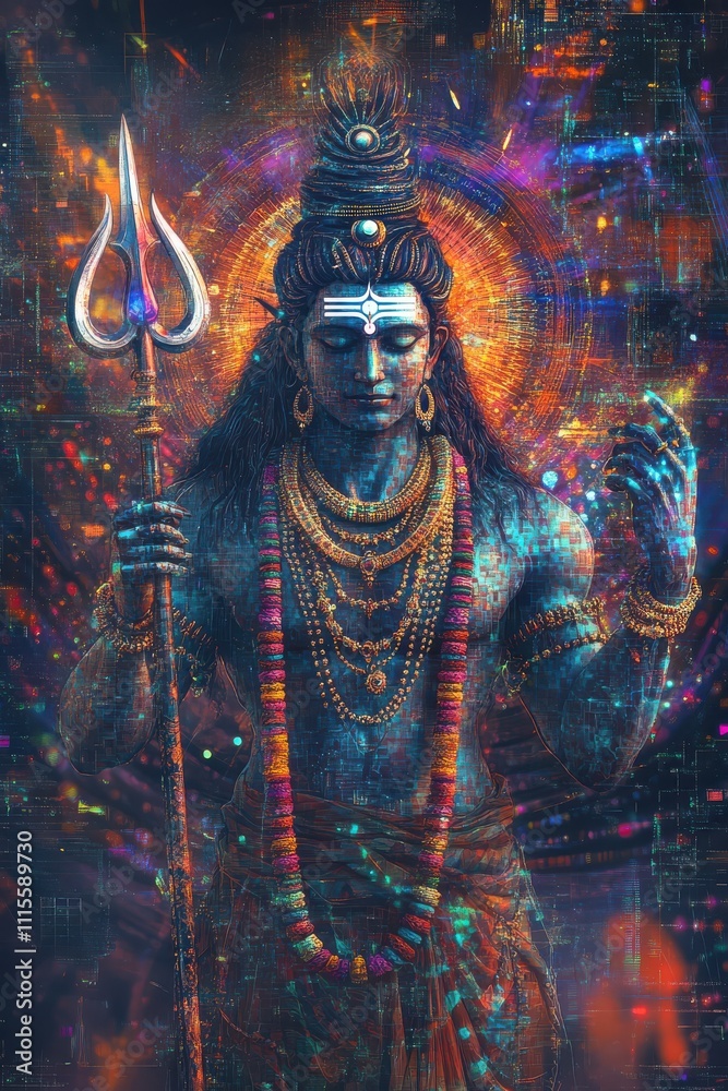 Obraz premium Shiva, the Cosmic Destroyer, Surrounded by Pixelated Glitches and Tesseract Bloom