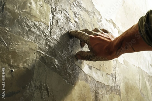 A man's hand is covered in plaster as he works on a wall photo