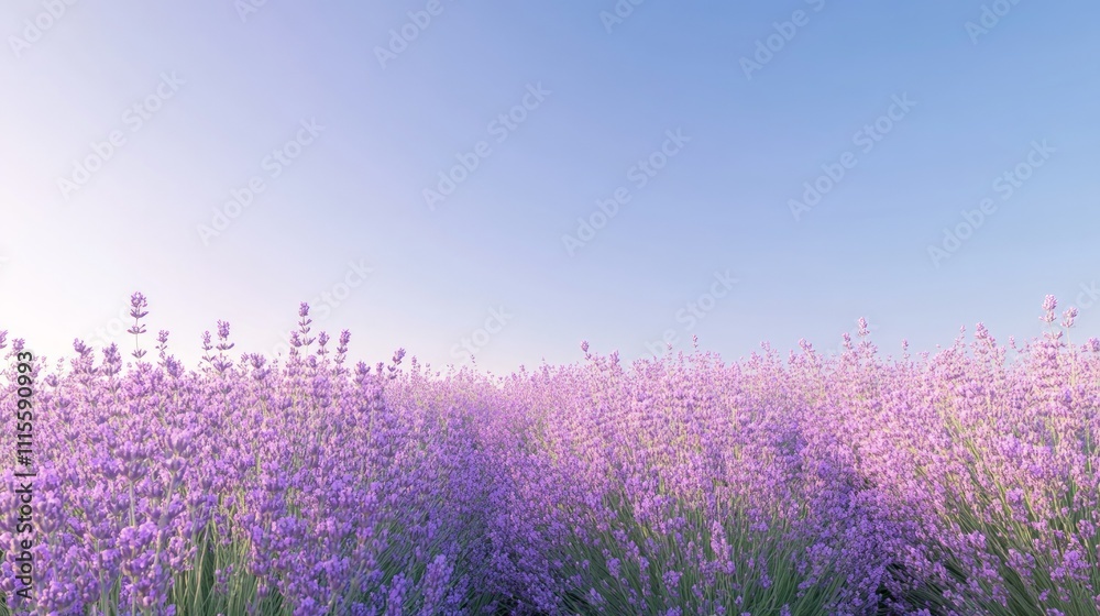 Fototapeta premium Lavender Serenity, vibrant purple flowers in full bloom stretching across a tranquil field under a clear blue sky, embodying nature's peaceful beauty and charm.