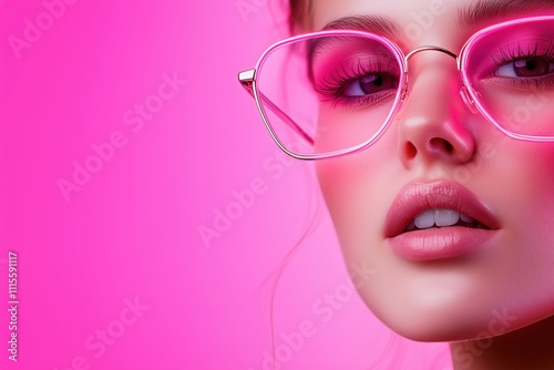 Woman with pink glasses and bold makeup against a pink background in a modern aesthetic