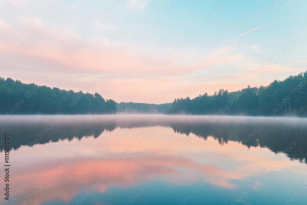 Fototapeta premium Serene lake at dawn with mist and colorful reflections.