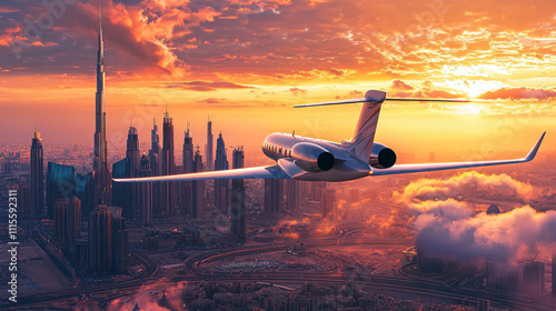 Luxurious private jet soaring above Dubai's iconic cityscape at sunset