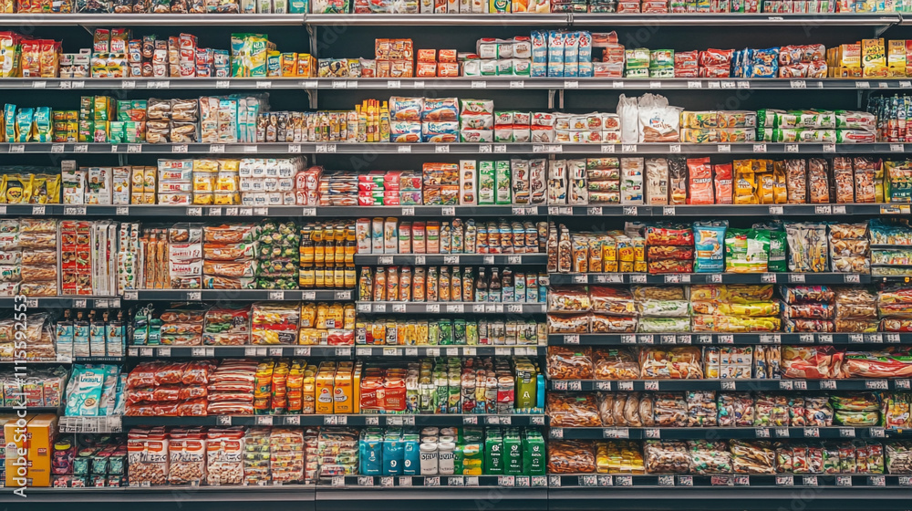 Obraz premium Wide selection of packaged goods displayed on supermarket shelves for easy shopping