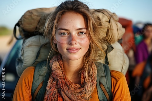 Young Finnish woman enjoying an adventure on a Thai pickup truck bus while backpacking through an exotic location photo