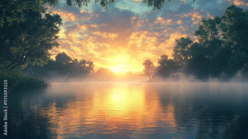 Obraz premium Serene Sunrise Over Misty Lake, a captivating scene of a peaceful dawn, soft mist floating above calm waters, framed by verdant trees and soothing nature's beauty.