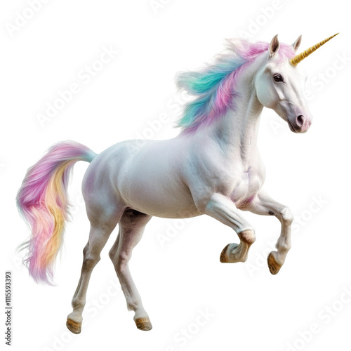 White unicorn with rainbow mane and gold horn isolated on white background