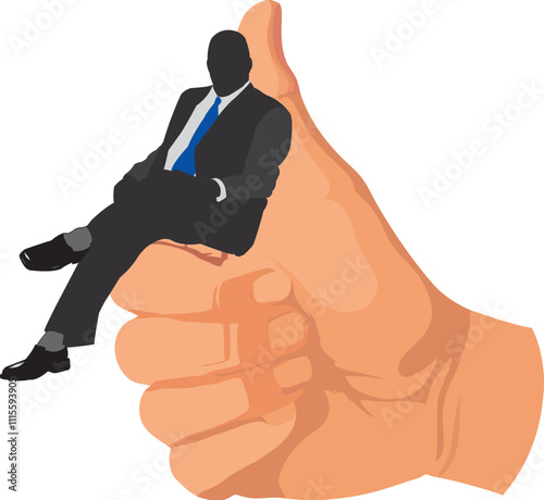 Businessman sitting comfortably on giant thumb up hand gesture